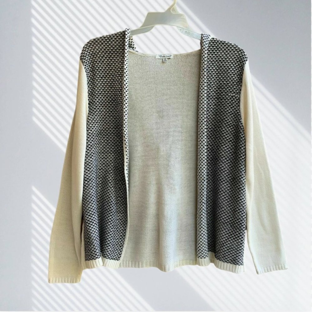 Extra Touch Women's Knit Open Front Hooded Cardigan White Black Size 1X